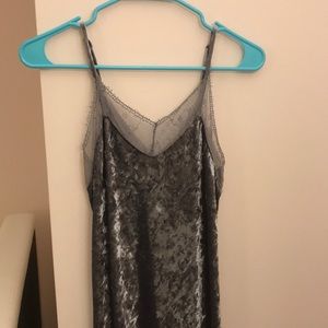 Long, gray, velvet dress with lace trim